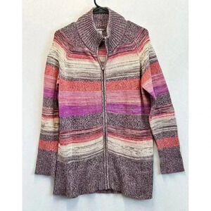 Eddie Bauer Women's Sz L Multicolor Stripe 100% Cotton Full Zip Cardigan Sweater